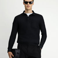 Black Polo Collar Regular Fit Patterned Cotton Sweatshirt with Pockets