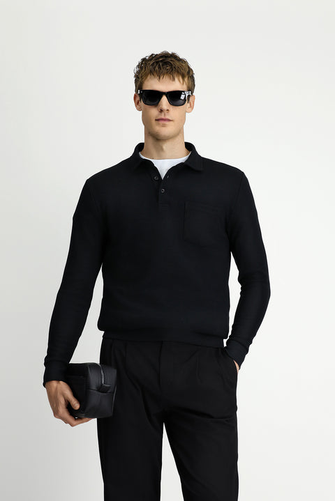Black Polo Collar Regular Fit Patterned Cotton Sweatshirt with Pockets
