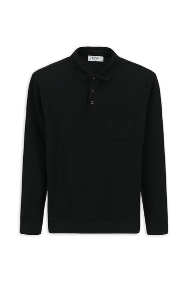 Siyah Polo Yaka Regular Fit Desenli Pamuk Sweatshırt