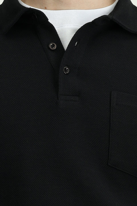Black Polo Collar Regular Fit Patterned Cotton Sweatshirt with Pockets