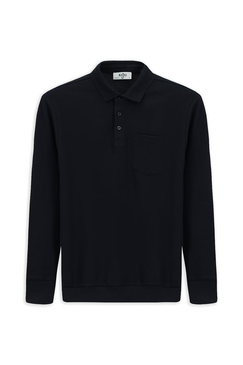 Koyu Lacivert Polo Yaka Regular Fit Desenli Cepli Pamuk Sweatshirt