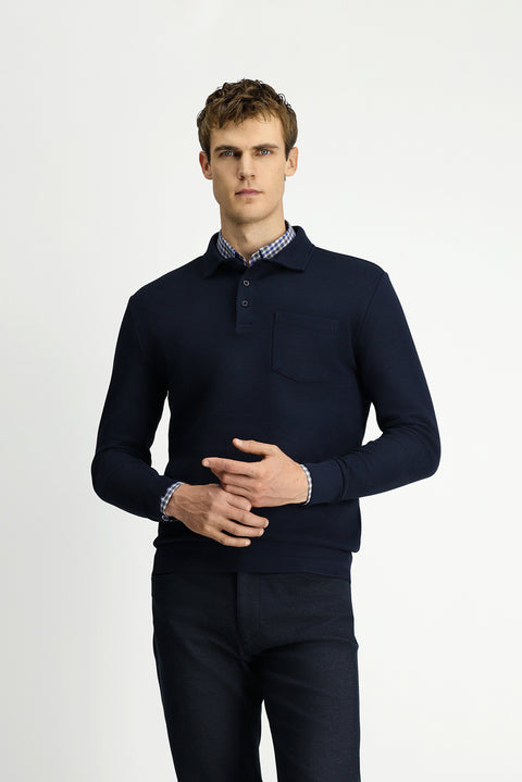Koyu Lacivert Polo Yaka Regular Fit Desenli Cepli Pamuk Sweatshirt