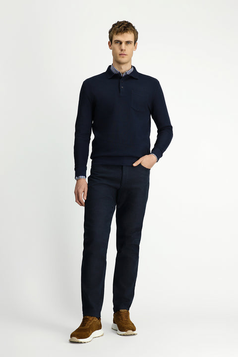 Koyu Lacivert Polo Yaka Regular Fit Desenli Cepli Pamuk Sweatshirt