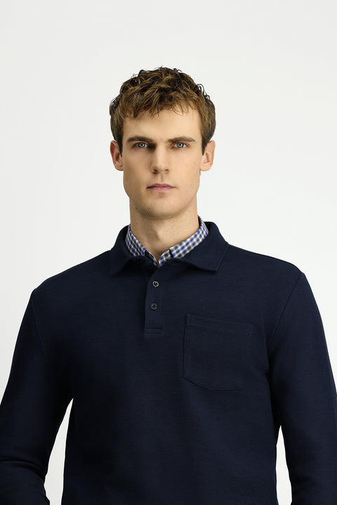 Koyu Lacivert Polo Yaka Regular Fit Desenli Cepli Pamuk Sweatshirt