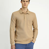 Orta Bej Polo Yaka Regular Fit Desenli Pamuk Sweatshırt