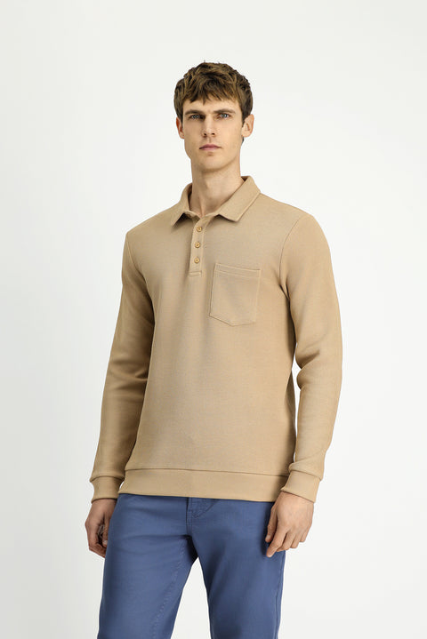 Orta Bej Polo Yaka Regular Fit Desenli Cepli Pamuk Sweatshirt