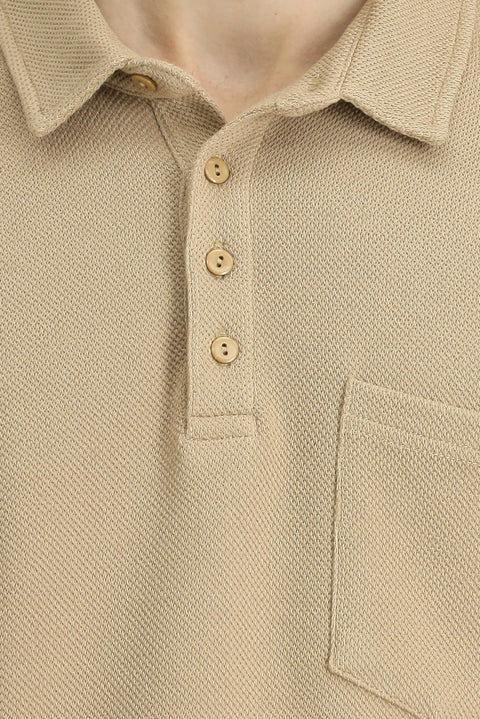 Orta Bej Polo Yaka Regular Fit Desenli Cepli Pamuk Sweatshirt