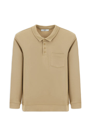Orta Bej Polo Yaka Regular Fit Desenli Pamuk Sweatshırt