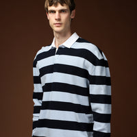 Açık Mavi Polo Yaka Oversize Ekstra Rahat Kesim Çizgili Pamuk Sweatshirt