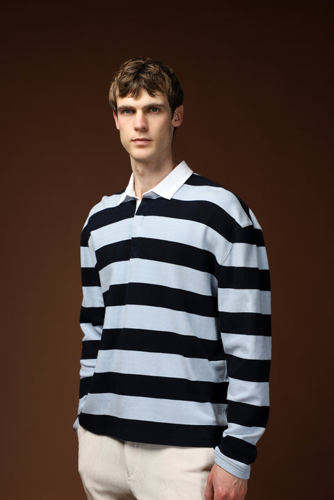 Açık Mavi Polo Yaka Oversize Ekstra Rahat Kesim Çizgili Pamuk Sweatshirt