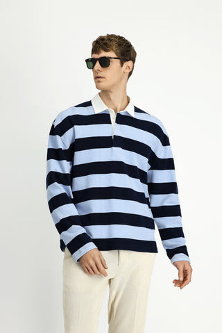  Açık Mavi Polo Yaka Oversize Ekstra Rahat Kesim Çizgili Pamuk Sweatshirt