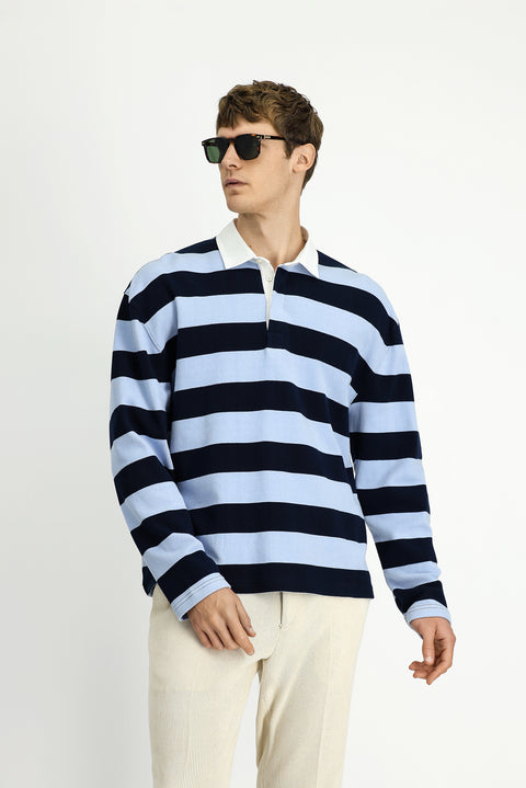 Açık Mavi Polo Yaka Oversize Ekstra Rahat Kesim Çizgili Pamuk Sweatshirt