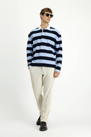  Açık Mavi Polo Yaka Oversize Ekstra Rahat Kesim Çizgili Pamuk Sweatshirt