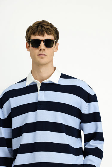  Açık Mavi Polo Yaka Oversize Ekstra Rahat Kesim Çizgili Pamuk Sweatshırt