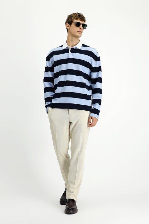 Açık Mavi Polo Yaka Oversize Ekstra Rahat Kesim Çizgili Pamuk Sweatshirt