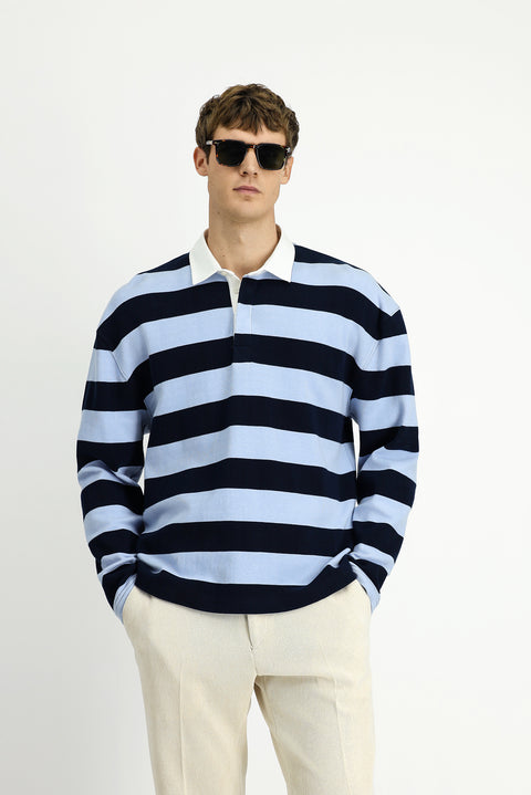 Açık Mavi Polo Yaka Oversize Ekstra Rahat Kesim Çizgili Pamuk Sweatshirt