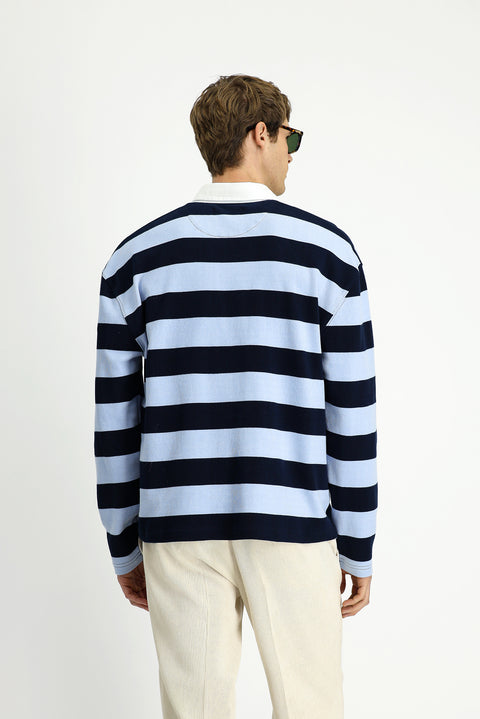 Açık Mavi Polo Yaka Oversize Ekstra Rahat Kesim Çizgili Pamuk Sweatshirt