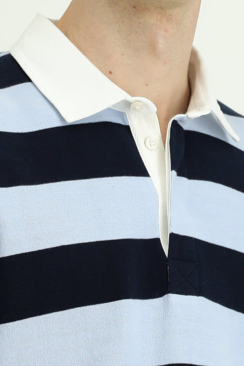 Açık Mavi Polo Yaka Oversize Ekstra Rahat Kesim Çizgili Pamuk Sweatshirt