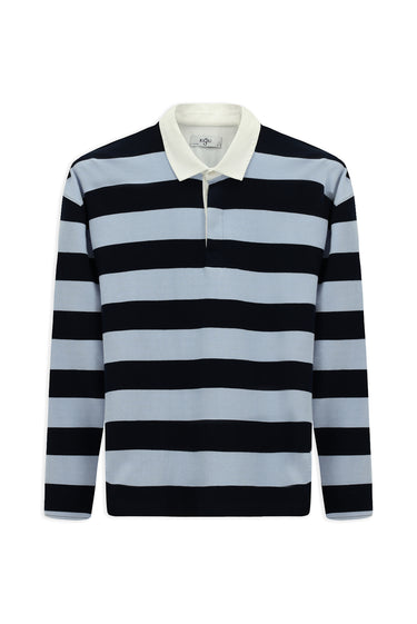 Açık Mavi Polo Yaka Oversize Ekstra Rahat Kesim Çizgili Pamuk Sweatshirt