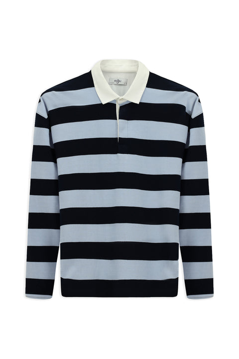 Açık Mavi Polo Yaka Oversize Ekstra Rahat Kesim Çizgili Pamuk Sweatshirt