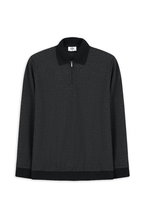 Siyah Polo Yaka Regular Fit Desenli Fermuarlı Pamuklu Sweatshirt