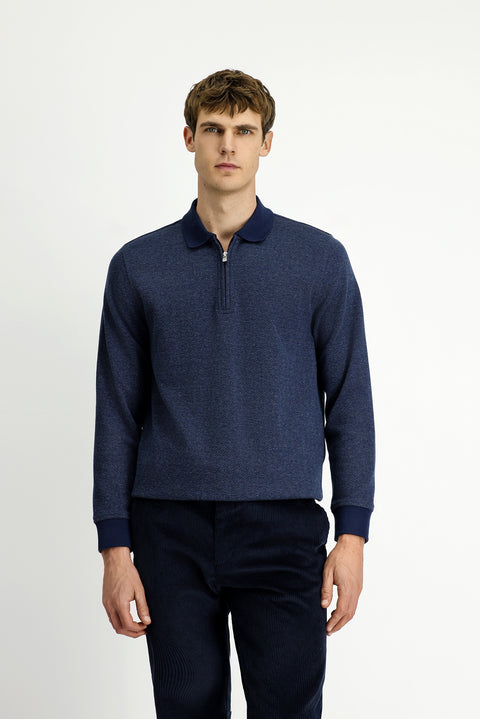 Orta Lacivert Polo Yaka Regular Fit Desenli Fermuarlı Pamuklu Sweatshirt