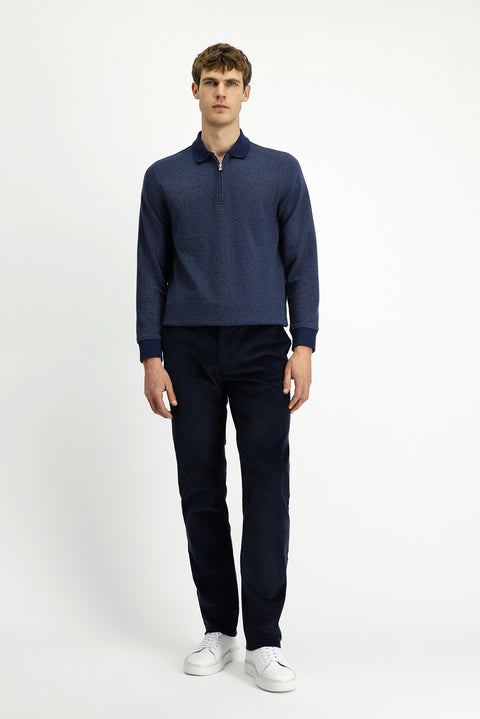 Orta Lacivert Polo Yaka Regular Fit Desenli Fermuarlı Pamuklu Sweatshirt