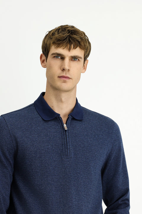Orta Lacivert Polo Yaka Regular Fit Desenli Fermuarlı Pamuklu Sweatshirt