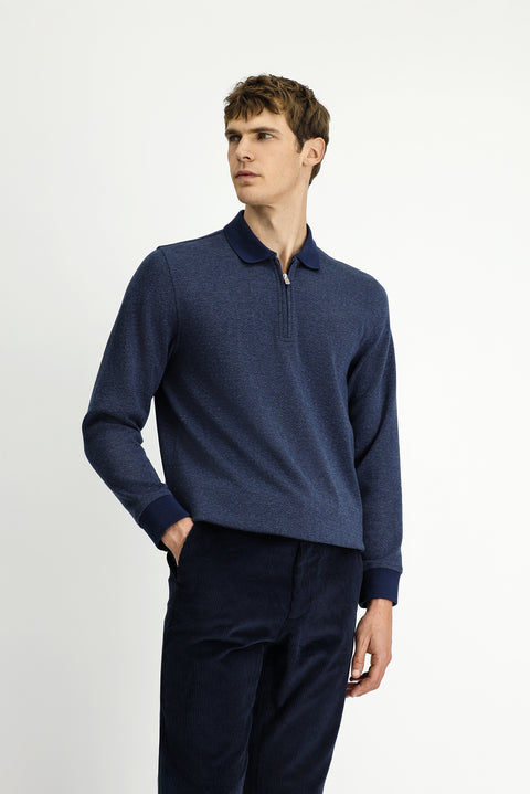 Orta Lacivert Polo Yaka Regular Fit Desenli Fermuarlı Pamuklu Sweatshirt