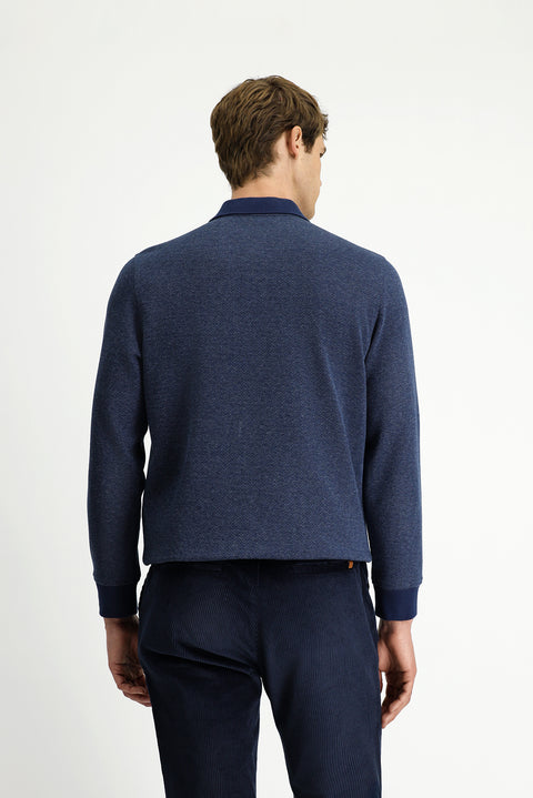 Orta Lacivert Polo Yaka Regular Fit Desenli Fermuarlı Pamuklu Sweatshirt