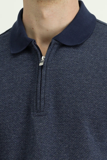 Orta Lacivert Polo Yaka Regular Fit Desenli Fermuarlı Pamuklu Sweatshirt