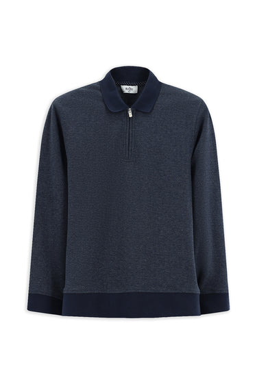 Orta Lacivert Polo Yaka Regular Fit Desenli Fermuarlı Pamuklu Sweatshirt