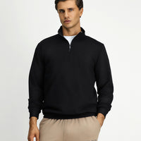 Siyah Yarım Balıkçı Yaka Regular Fit Nakışlı Fermuarlı Pamuklu Sweatshirt