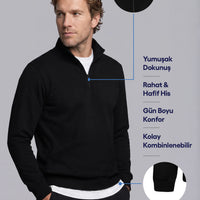 Black Half Turtleneck Regular Fit Cotton Seasonal Embroidered 2-Thread Zip-Up Sweatshirt