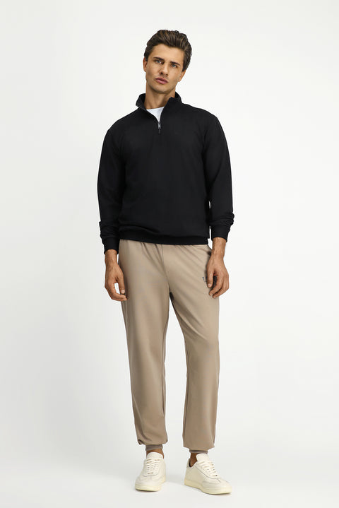 Siyah Yarım Balıkçı Yaka Regular Fit Pamuklu Mevsimlik Nakışlı 2 İplik Fermuarlı Sweatshirt