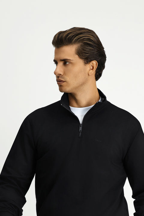 Siyah Yarım Balıkçı Yaka Regular Fit Pamuklu Mevsimlik Nakışlı 2 İplik Fermuarlı Sweatshirt