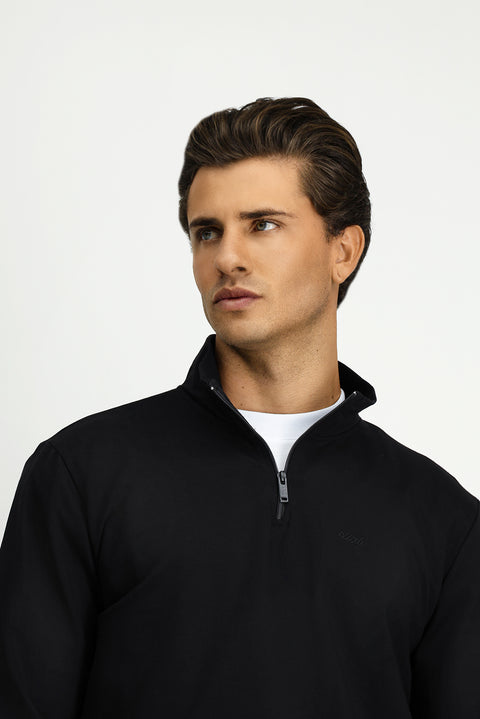 Siyah Yarım Balıkçı Yaka Regular Fit Pamuklu Mevsimlik Nakışlı 2 İplik Fermuarlı Sweatshirt