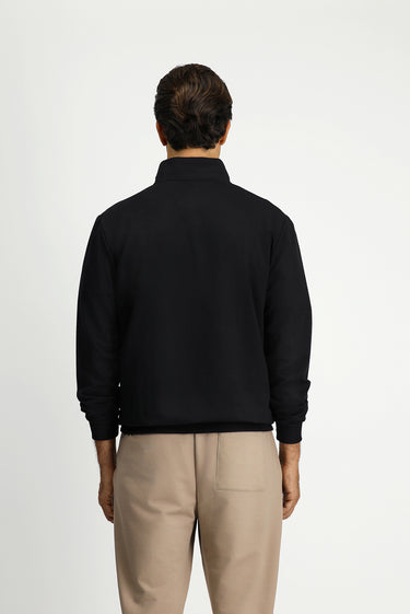 Siyah Yarım Balıkçı Yaka Regular Fit Nakışlı Fermuarlı Pamuklu Sweatshirt