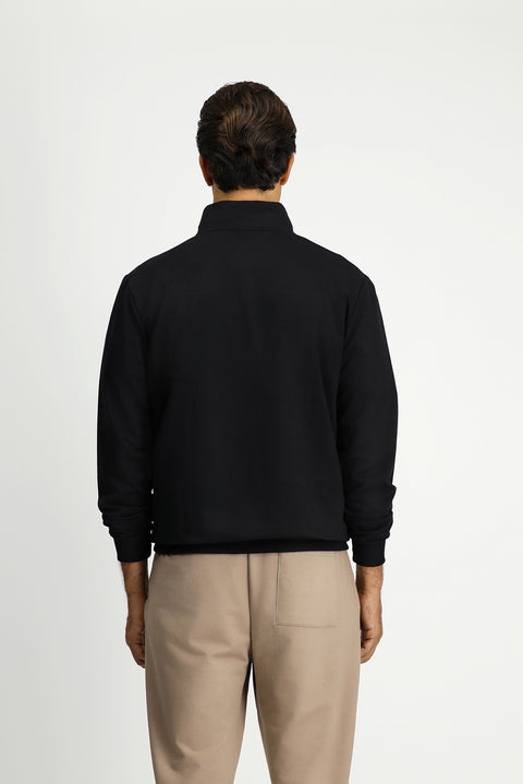 Siyah Yarım Balıkçı Yaka Regular Fit Pamuklu Mevsimlik Nakışlı 2 İplik Fermuarlı Sweatshirt