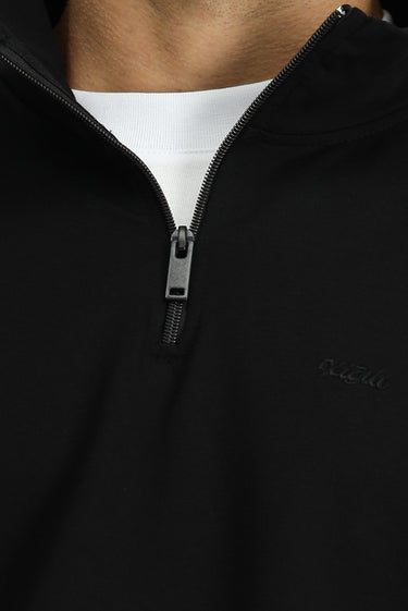 Siyah Yarım Balıkçı Yaka Regular Fit Nakışlı Fermuarlı Pamuklu Sweatshirt