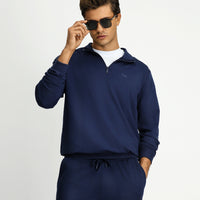 İndigo Yarım Balıkçı Yaka Regular Fit Nakışlı Fermuarlı Pamuklu Sweatshirt