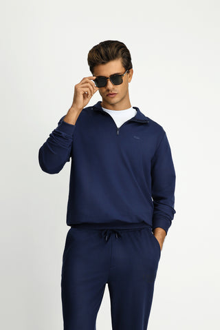  İndigo Yarım Balıkçı Yaka Regular Fit Nakışlı Fermuarlı Pamuklu Sweatshirt