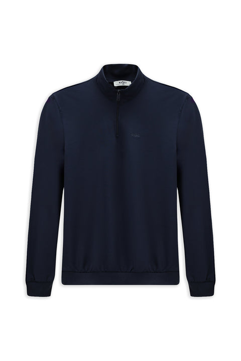Indigo Half Turtleneck Regular Fit Cotton Seasonal Embroidered 2-Thread Zip-Up Sweatshirt