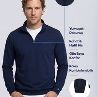 Indigo Half Turtleneck Regular Fit Cotton Seasonal Embroidered 2-Thread Zip-Up Sweatshirt