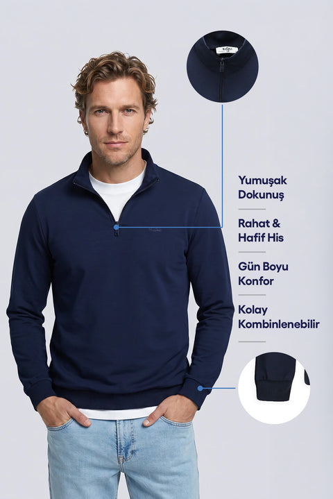 Indigo Half Turtleneck Regular Fit Cotton Seasonal Embroidered 2-Thread Zip-Up Sweatshirt