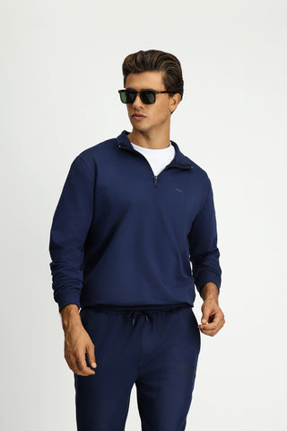  İndigo Yarım Balıkçı Yaka Regular Fit Nakışlı Fermuarlı Pamuklu Sweatshirt