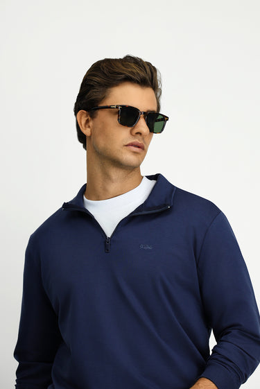  İndigo Yarım Balıkçı Yaka Regular Fit Nakışlı Fermuarlı Pamuklu Sweatshirt