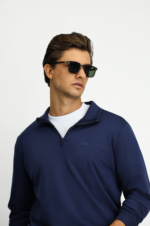 İndigo Yarım Balıkçı Yaka Regular Fit Pamuklu Mevsimlik Nakışlı 2 İplik Fermuarlı Sweatshirt