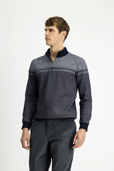 Orta Lacivert Yarım Balıkçı Yaka Yaka Regular Fit Desenli Fermuarlı Pamuklu Sweatshirt