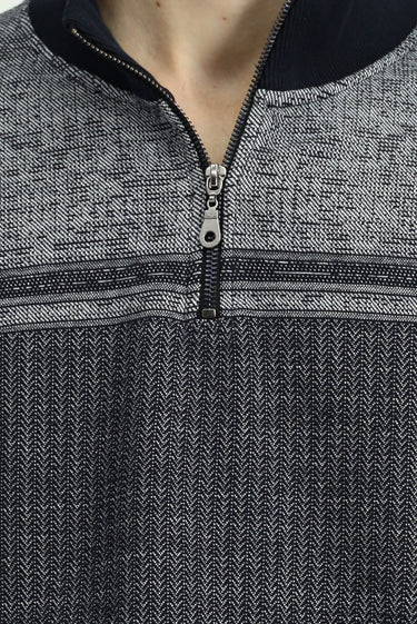 Orta Lacivert Yarım Balıkçı Yaka Yaka Regular Fit Desenli Fermuarlı Pamuklu Sweatshirt